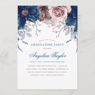 Invitation Parti de graduation florale bleu marine et mauve
