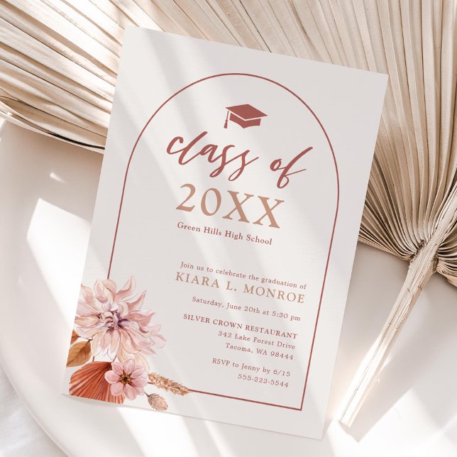 Invitation Parti de graduation florale neutre et rose bouché (Créateur téléchargé)