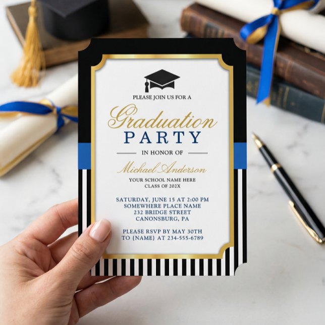 Invitation Parti de graduation Gold Black Blue Stripes (Créateur téléchargé)