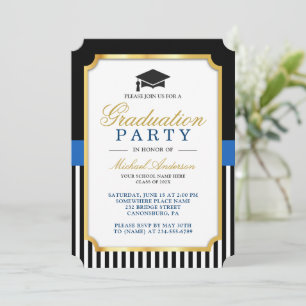 Invitation Parti de graduation Gold Black Blue Stripes
