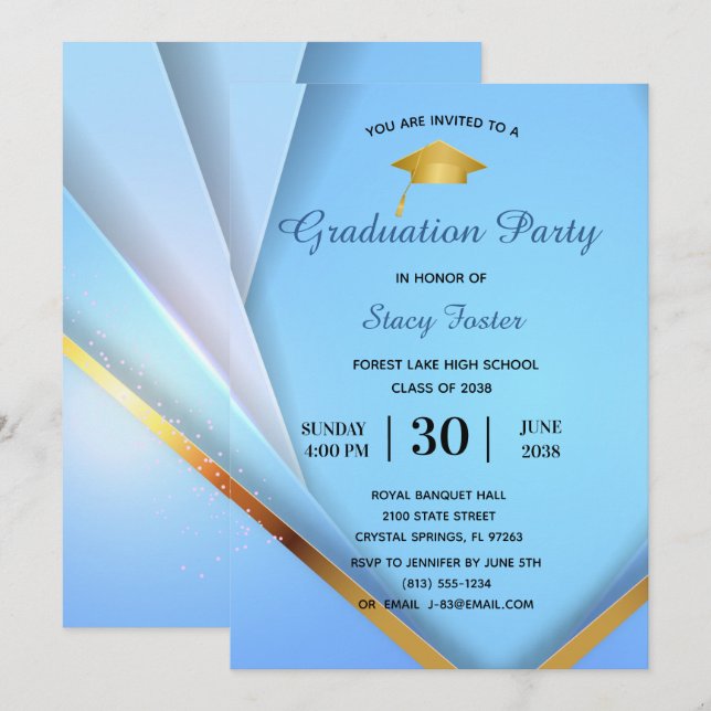 Invitation Parti de graduation Gold sur les couches bleues Fo (Devant / Derrière)