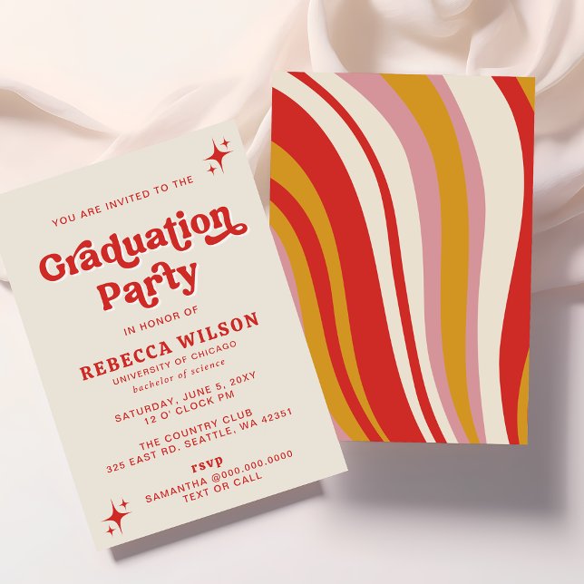 Invitation Parti de graduation les années 70 rouge ivoire rét (Retro Groovy Ivory Red 70s Graduation Party Invitation)
