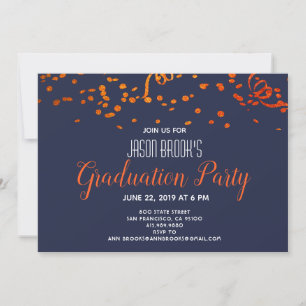 Invitation Parti de graduation Orange Gold Confetti Noir
