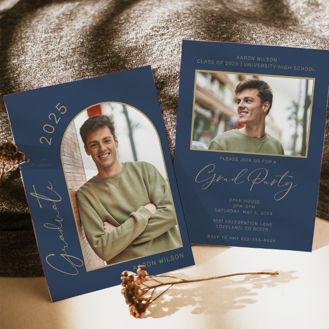Invitation Parti de graduation photo bleu de la Marine modern (Créateur téléchargé)