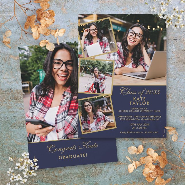 Invitation Parti de graduation photo bleu et or 5 de la Marin (Navy Blue And Gold 5 Photo Graduation Party Invitation)