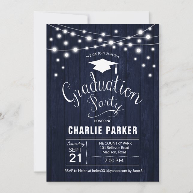 Invitation Parti de graduation rustique Motif de bois bleu ma (Devant)