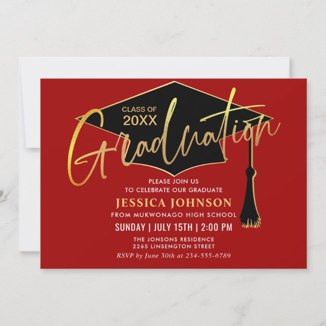 Invitation Parti de graduation simple or rouge moderne (Devant)