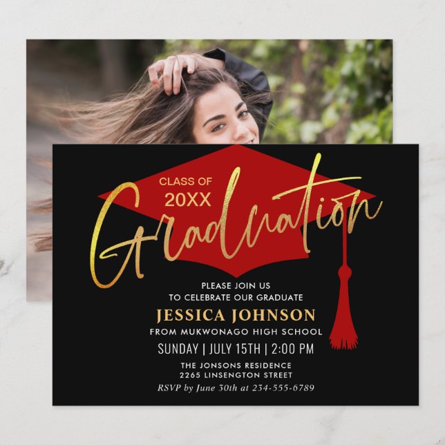 Invitation Parti de graduation simple or rouge moderne (Devant / Derrière)