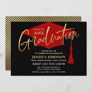 Invitation Parti de graduation simple or rouge moderne