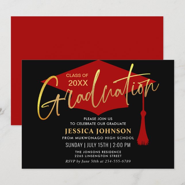 Invitation Parti de graduation simple or rouge moderne (Devant / Derrière)