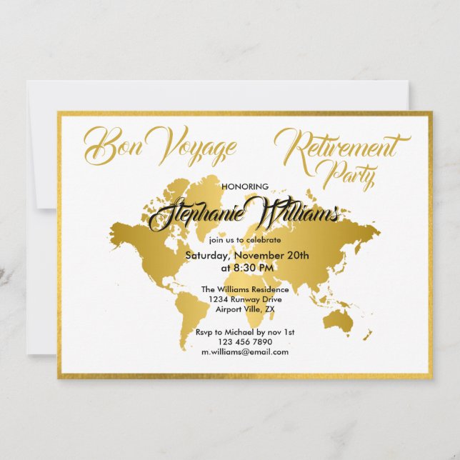 Invitation Parti de la retraite Bon Voyage Golden Border Worl (Devant)