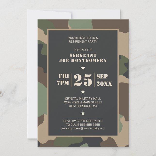 Invitation Parti de la retraite Camouflage militaire de bois (Devant)