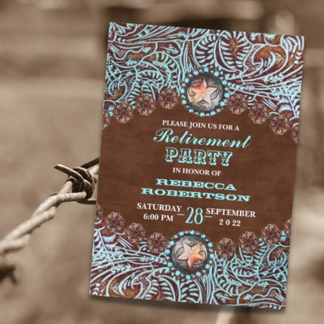 Invitation Parti de la retraite de l'ouest du pays brun turqu (turquoise brown western country Retirement Party Invitation)