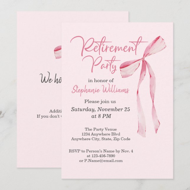 Invitation Parti de la retraite des femmes Élégante Bow rose (Devant / Derrière)
