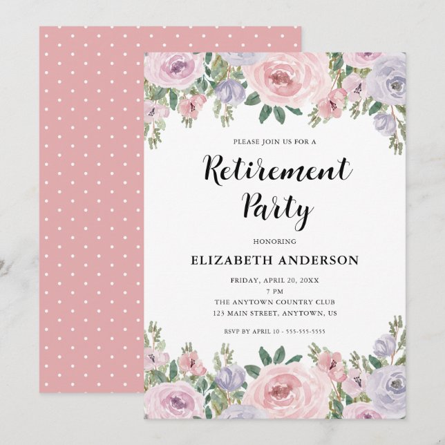 Invitation Parti de la retraite élégante Pastel Roses & verdu (Devant / Derrière)
