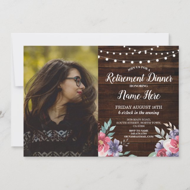 Invitation Parti de la retraite Fleurs roses en bois retraité (Devant)