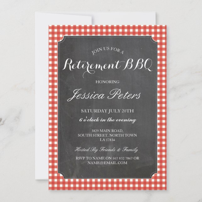 Invitation Parti de la retraite Red Check Rustic Chalk BBQ (Devant)