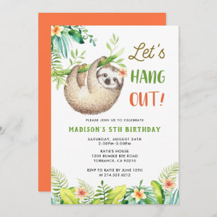 Invitation Parti de la Sloth Hanging Sloth Girl Birthday Pa