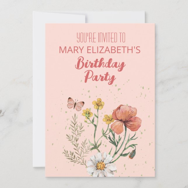 Invitation Parti de l'anniversaire Fleur sauvage rose (Devant)