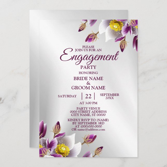 Invitation Parti de l'engagement Floral rose violet argenté é (Devant / Derrière)