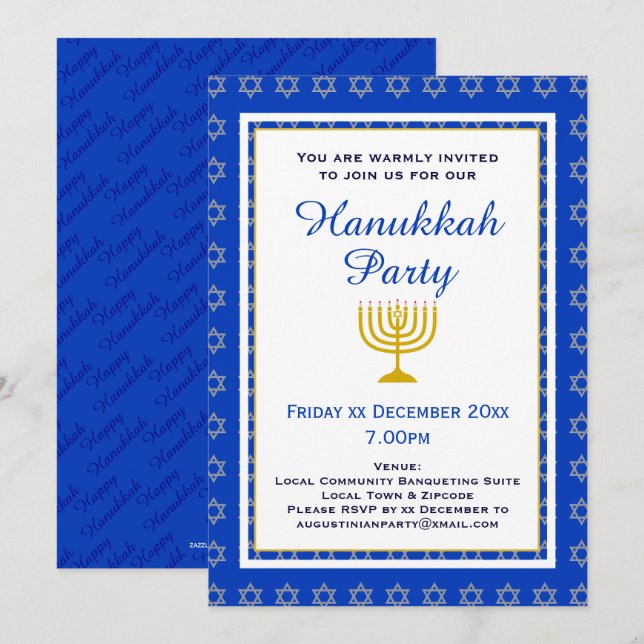 Invitation Parti de Menorah HANOUKKA Personnalisé Bleu (Devant / Derrière)