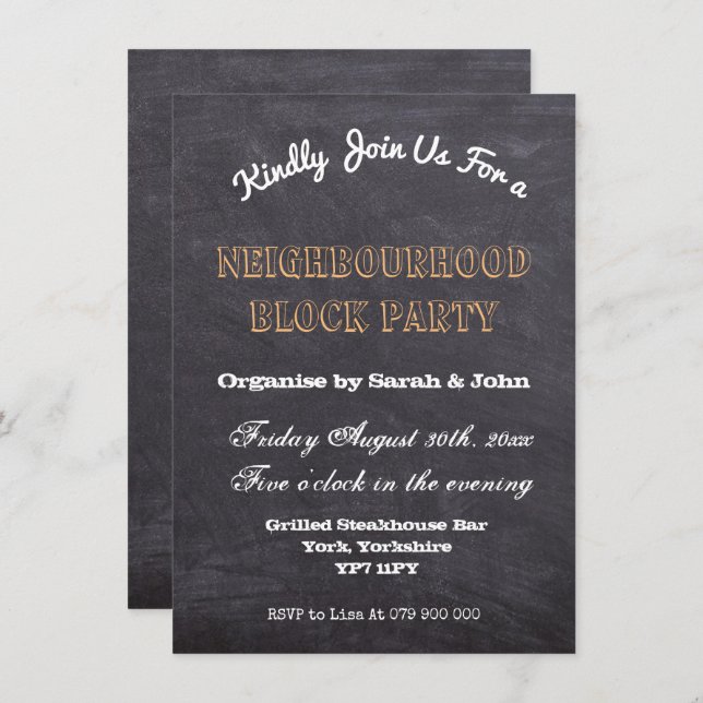 Invitation Parti de quartier de Chalkboard rustique (Devant / Derrière)