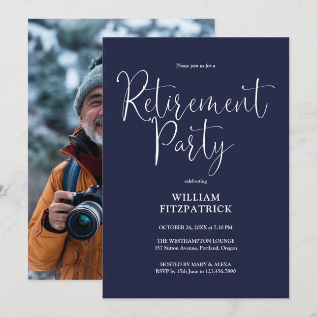 Invitation Parti de retrait photo de la Marine Bleu Script (Devant / Derrière)