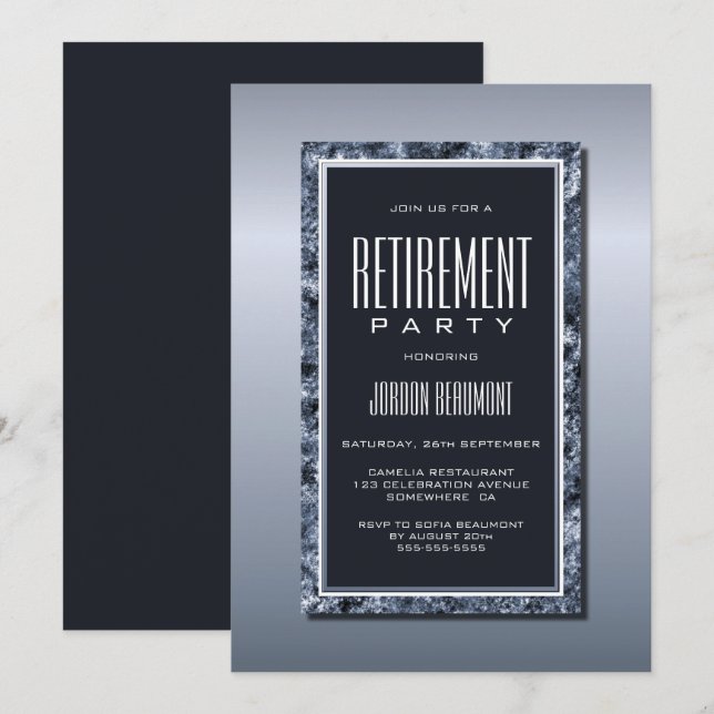 Invitation Parti de retraite argenté et gris sophistiqué (Devant / Derrière)