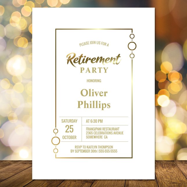 Invitation Parti de retraite blanc avec Gold Frame Party (Créateur téléchargé)
