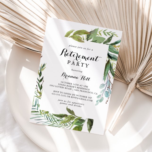 Invitation Parti de retraite calligraphie tropicale verte (Créateur téléchargé)