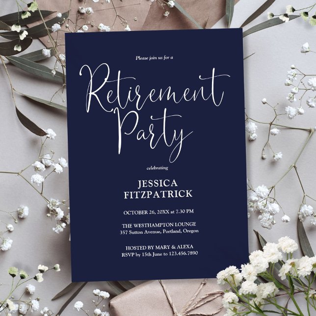 Invitation Parti de retraite de la marine Blue Modern Script (Navy Blue Modern Script Retirement Party Invitation)