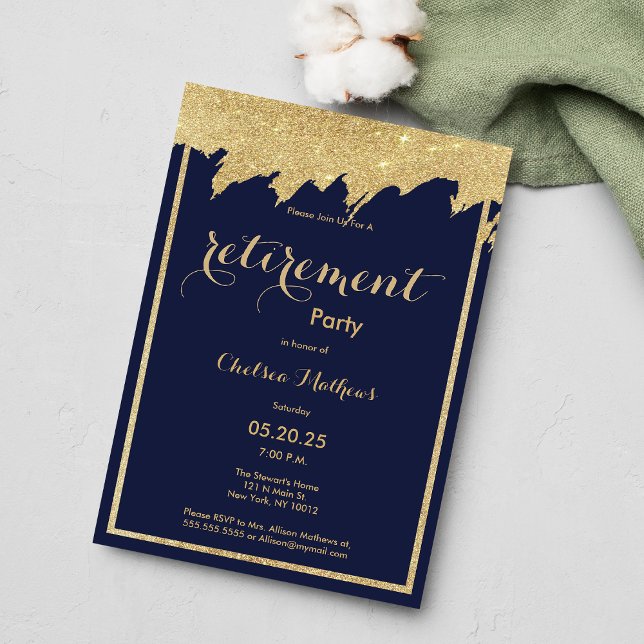 Invitation Parti de retraite de la parties scintillant d'or b (Navy blue gold glitter Retirement Party )