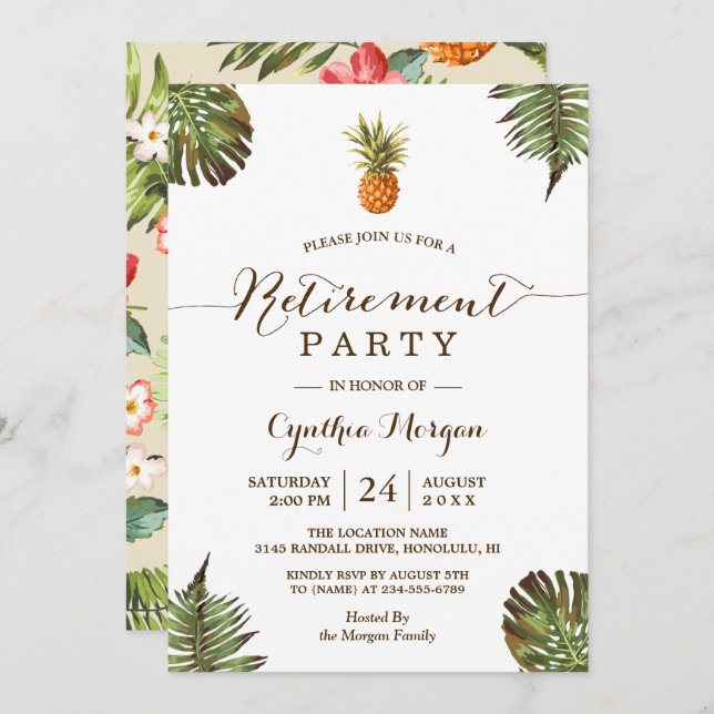 Invitation Parti de retraite d'été de l'ananas Feuille tropic (Devant / Derrière)