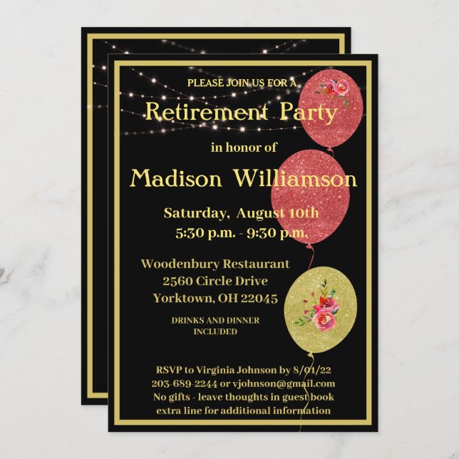 Invitation Parti de retraite Élégant Black Gold    (Devant / Derrière)