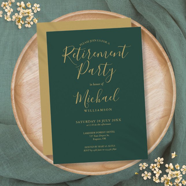 Invitation Parti de retraite Emerald Green et Gold Script (Emerald Green And Gold Script Retirement Party Invitation)