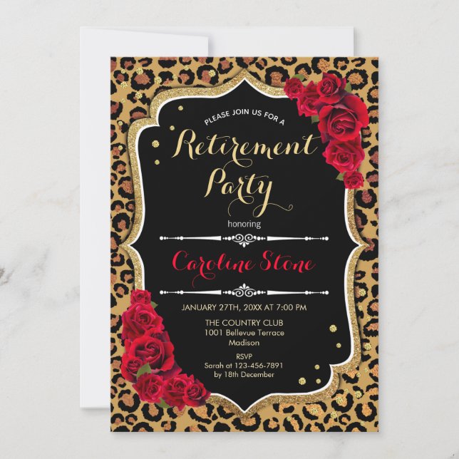 Invitation Parti de retraite - Empreinte de léopard Black Red (Devant)