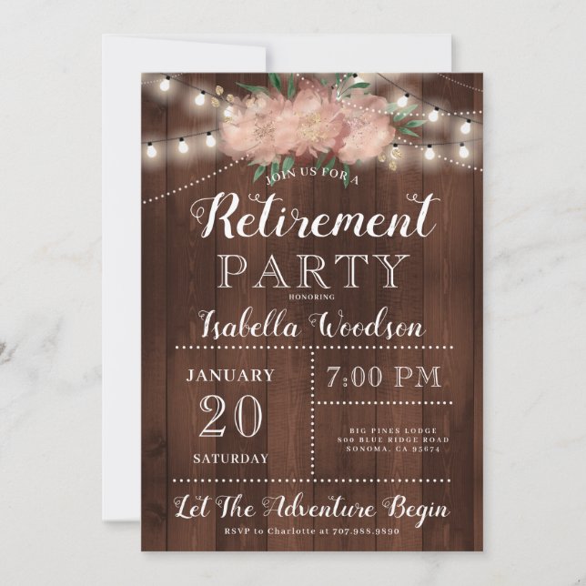 Invitation Parti de retraite Floral Bois Rustique (Devant)