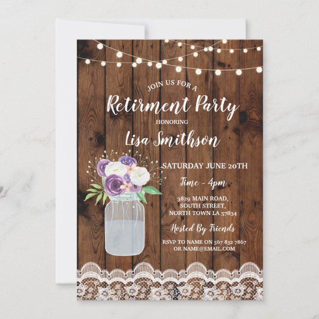 Invitation Parti de retraite Floral dentelle bois Mason Jar I (Devant)