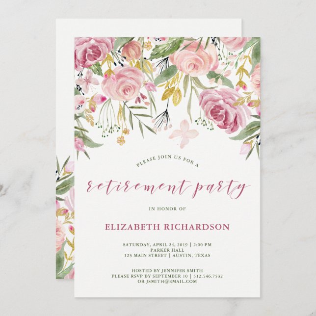 Invitation Parti de retraite florale d'aquarelle rose et or (Devant / Derrière)