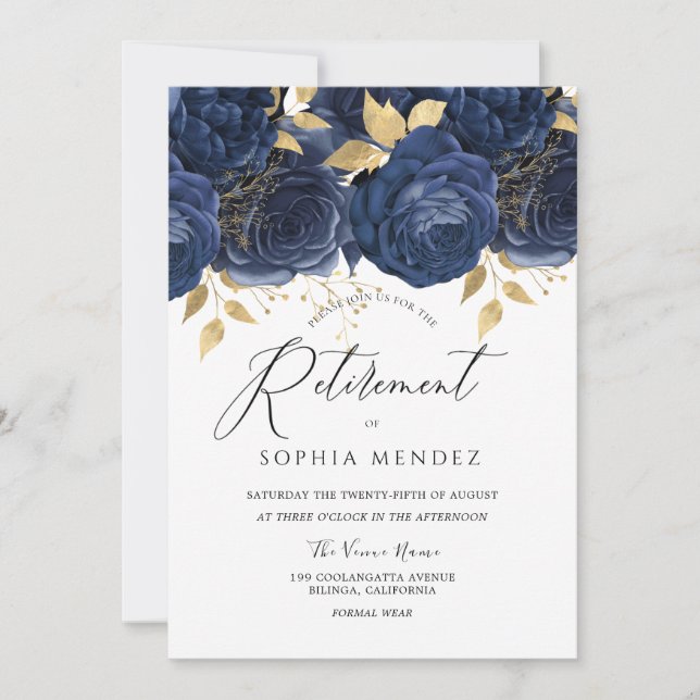 Invitation Parti de retraite florale de marine Indigo Blue &  (Devant)