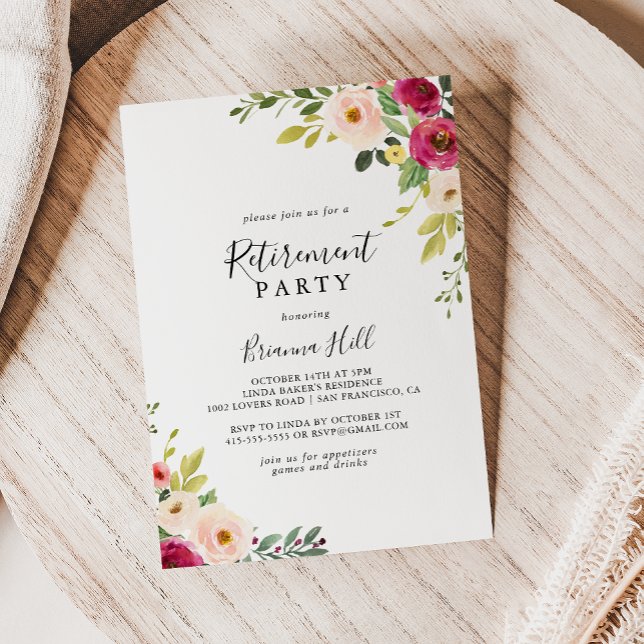 Invitation Parti de retraite florale rose verdure (Créateur téléchargé)