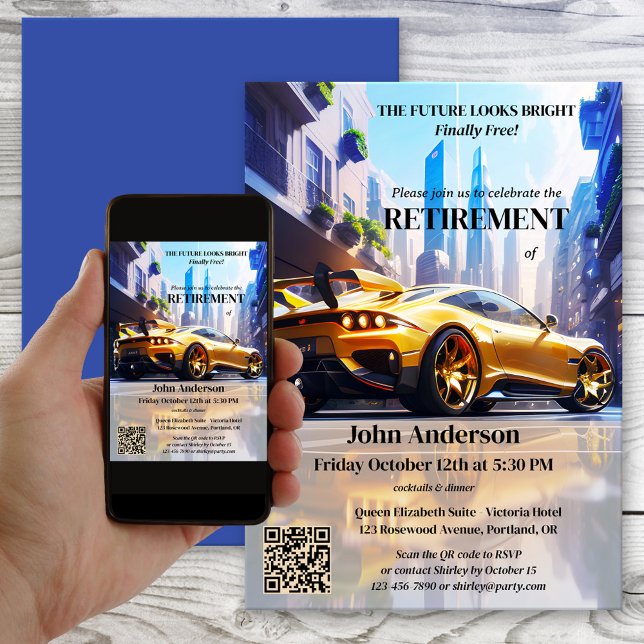 Invitation Parti de retraite futuriste pour la liberté de voi (Futuristic retirement invitation featuring a painting of sports car in a modern town. With QR code)