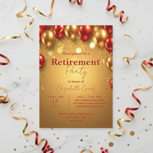Invitation Parti de retraite Luxury Chic Gold et Red Balloons (Créateur téléchargé)