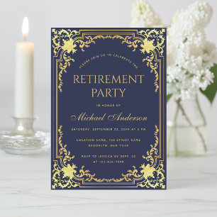Invitation Parti de retraite Marine Bleu Élégant Faux Gold Fo