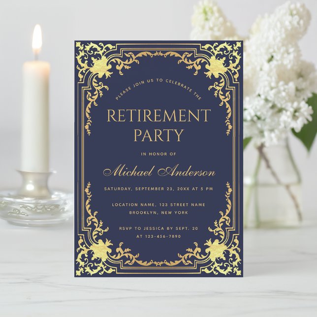 Invitation Parti de retraite Marine Bleu Élégant Faux Gold Fo (Créateur téléchargé)