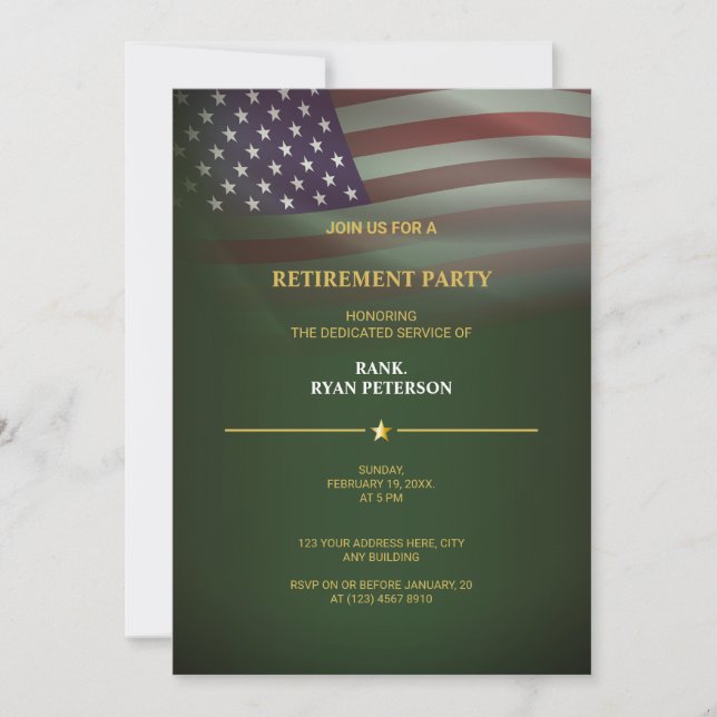 Invitation Parti de retraite militaire - American Flag Green (Devant)