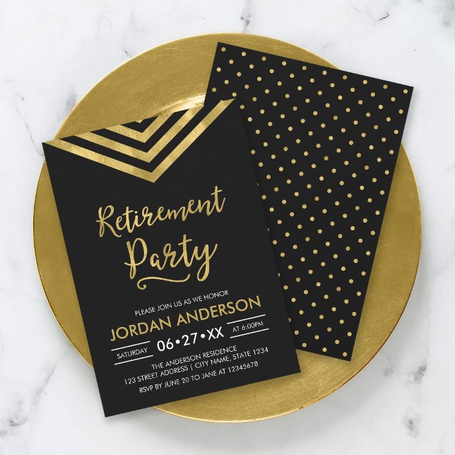 Invitation Parti de retraite moderne Black Faux Gold Chevron (Créateur téléchargé)