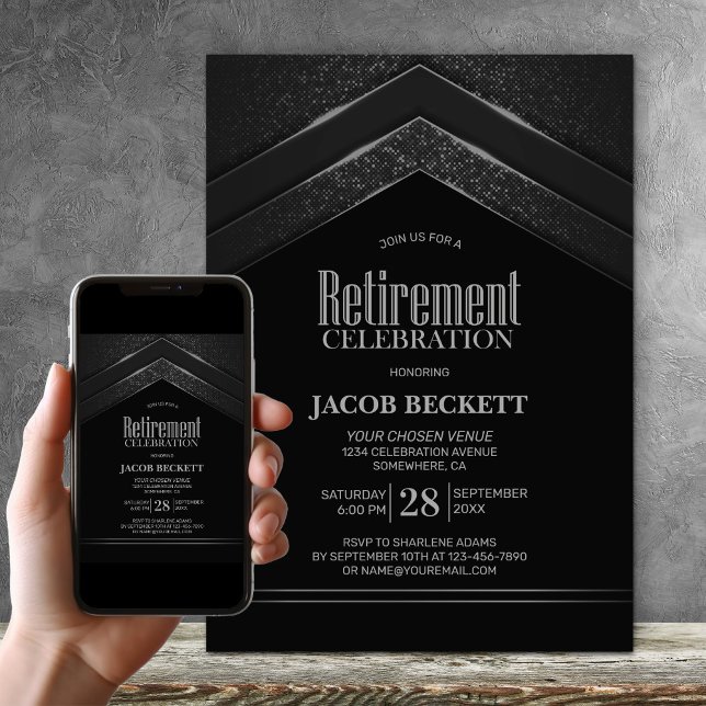Invitation Parti de retraite moderne en argent noir (Créateur téléchargé)