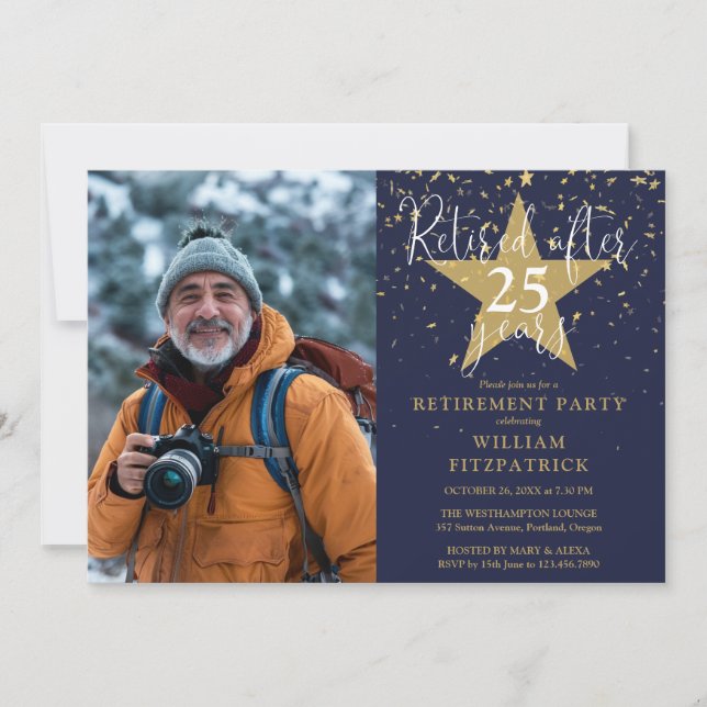 Invitation Parti De Retraite Photo Marine Et Gold Stars (Devant)