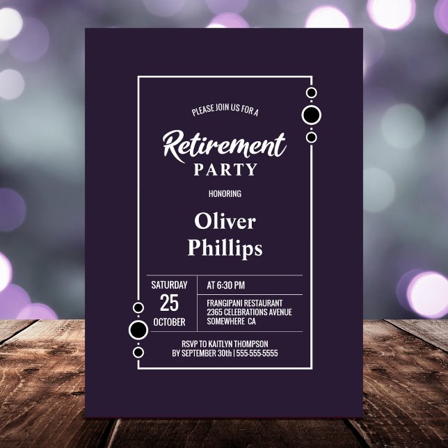 Invitation Parti de retraite pourpre avec cadre blanc (Créateur téléchargé)